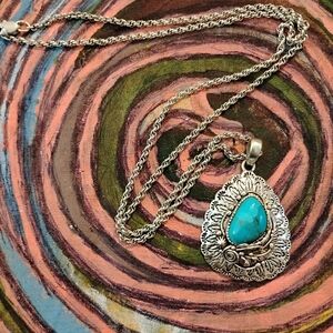 Beautiful Turquoise Set in Sterling Silver Pendant on a 21 inch Sterling Chain